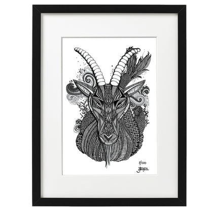 Hand drawn fine art print by uk artist and illustrator Jenniemyma. Black and white ink on paper, originally hand drawn using pen and pencil on paper. Capricorn the goat astrology and zodiac art motivational and inspiring wall art, limited edition and open editions available, hand signed and numbered depending on size of print.