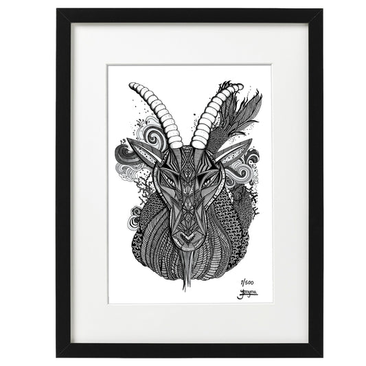 Hand drawn fine art print by uk artist and illustrator Jenniemyma. Black and white ink on paper, originally hand drawn using pen and pencil on paper. Capricorn the goat astrology and zodiac art motivational and inspiring wall art, limited edition and open editions available, hand signed and numbered depending on size of print.