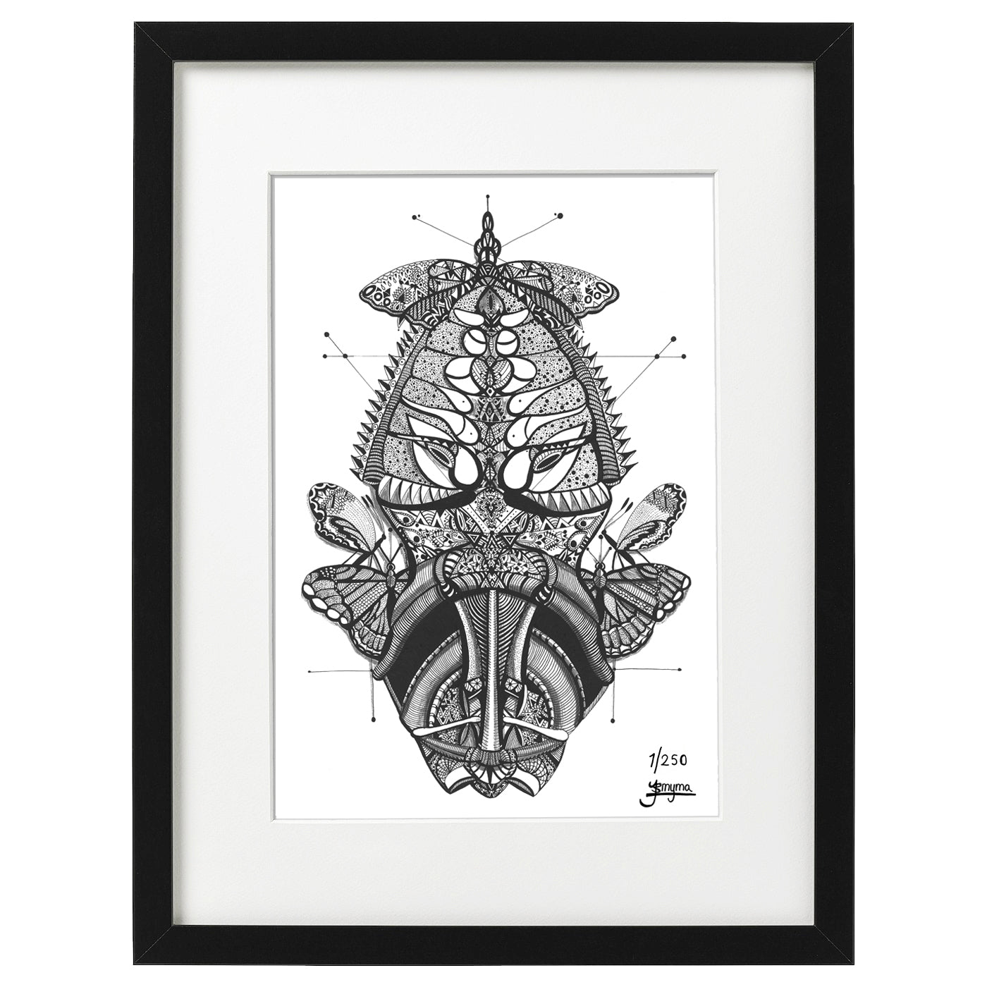 Hand drawn fine art print by uk artist and illustrator Jenniemyma. Black and white ink on paper, originally hand drawn using pen and pencil on paper. Chrysalis butterfly art motivational and inspiring wall art, limited edition and open editions available, hand signed and numbered depending on size of print.
