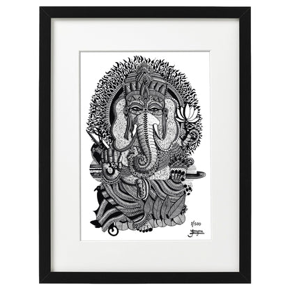 Hand drawn fine art print by uk artist and illustrator Jenniemyma. Black and white ink on paper, originally hand drawn using pen and pencil on paper. Ganesh Ji Deity spiritual art motivational and inspiring wall art, limited edition and open editions available, hand signed and numbered depending on size of print.